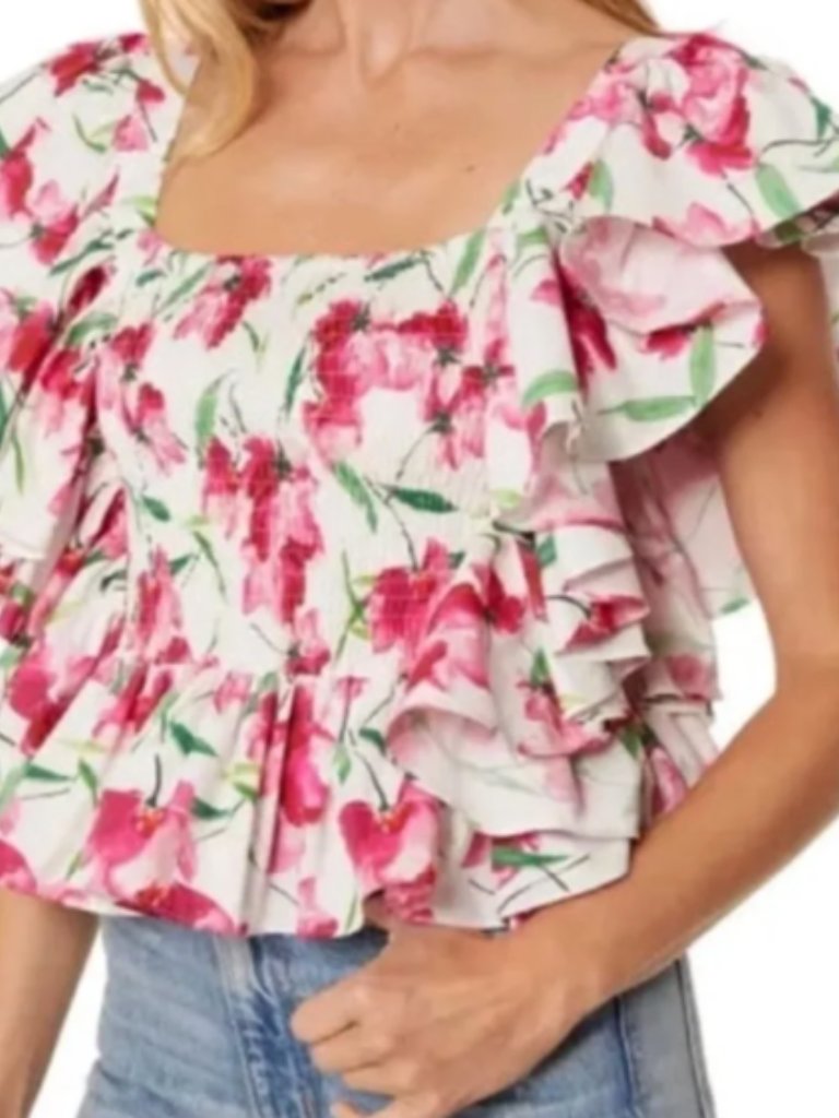 Misa Los Angeles Pink & Green Floral Ruffle Smocked Crop Top
